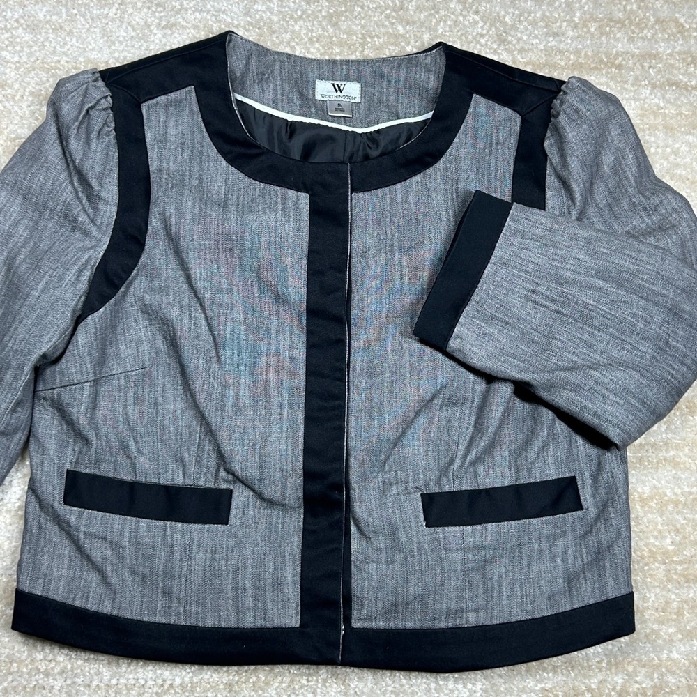Worthington Womens Career Cropped Blazer Jacket Grey Black Small Puff Shoulder